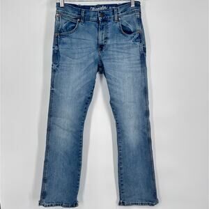 Wrangler Retro Jeans Slim Boot Distressed Broken In Frayed Denim Blue Mens 29x32